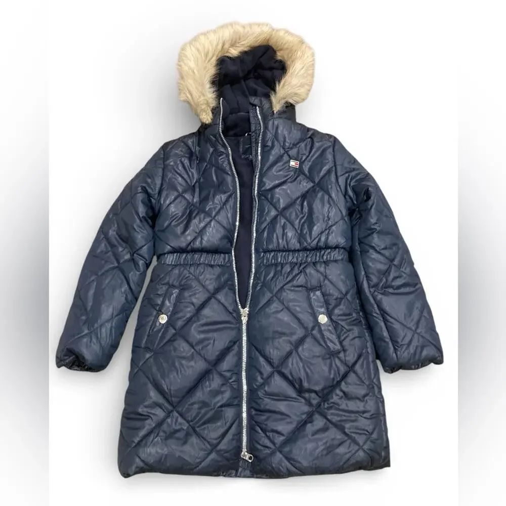 Tommy Hilfiger Big Girls Navy Quilted faux Trim Hooded Puffer Jacket/Coat L12/14